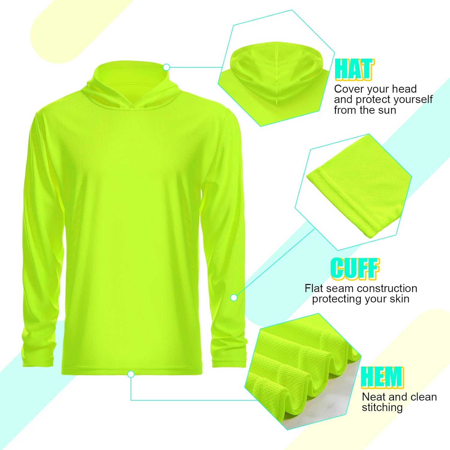 8 Packs Sun Protection Long Sleeve T-Shirts with Hood UPF 50+ Men's Hooded Quick Dry Breathable UV Athletic Shirts Rash Guards SPF UV for Hiking Fishing Swim Cycling Running(XL, Green) - Image 4