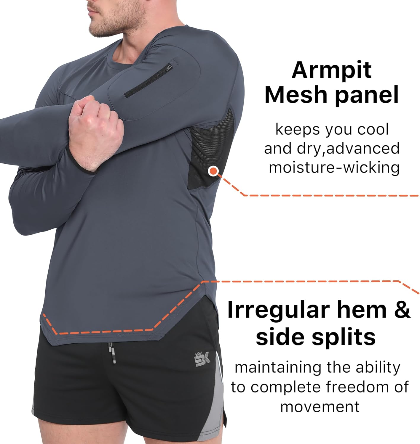 BROKIG Men's Armzip Long Sleeve Running Shirts Quick Dry Sun Protection UV UPF 50+ Jogging T Shirts Zip Pocket Gym Workout - Image 3
