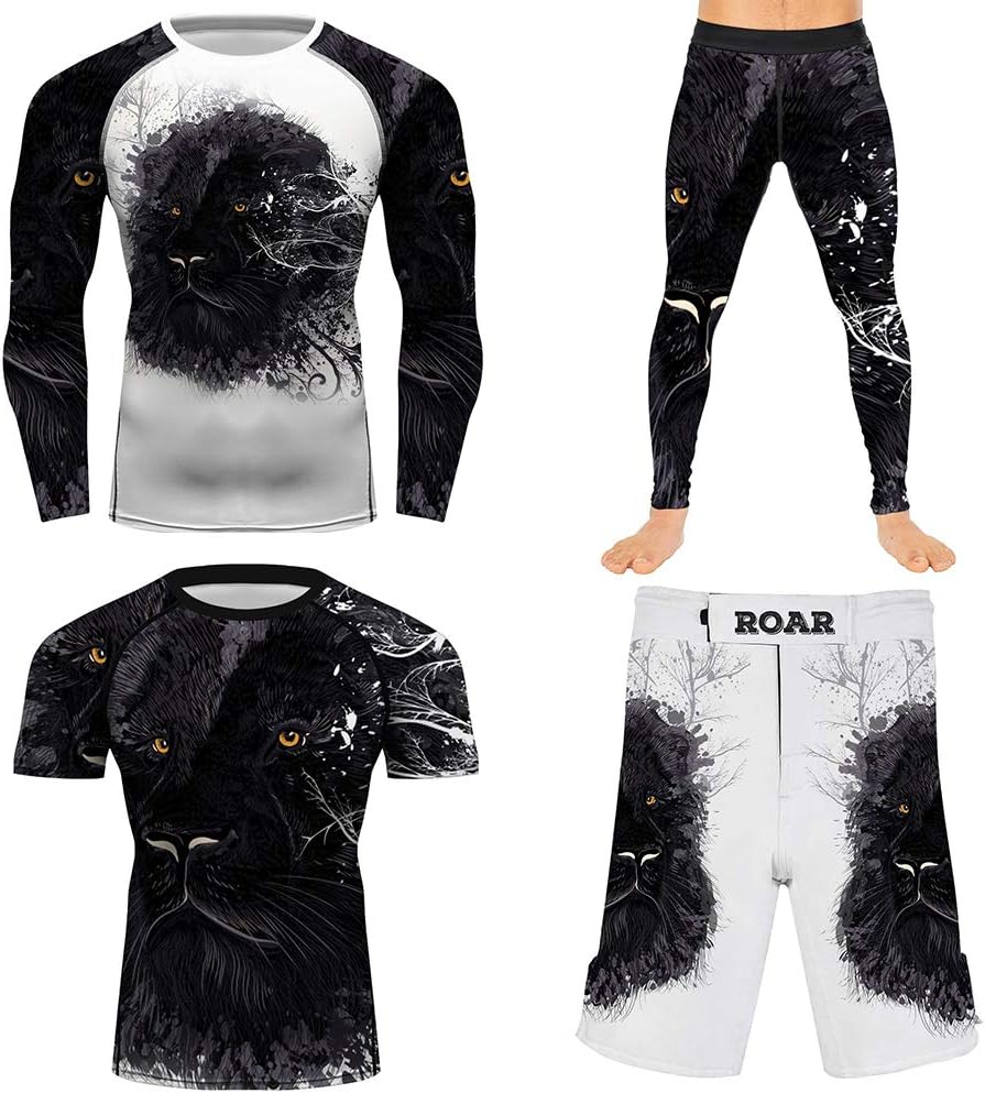 CHOO Men's Lion Series MMA BJJ Cross Training Rash Guard Shorts Spat No Gi Set
