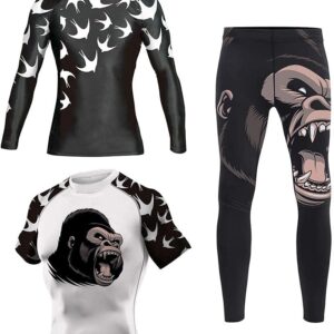 DEHAHA Men's Bat Gorilla Series Wrestling Training Rash Guard Shorts Spat No Gi Set