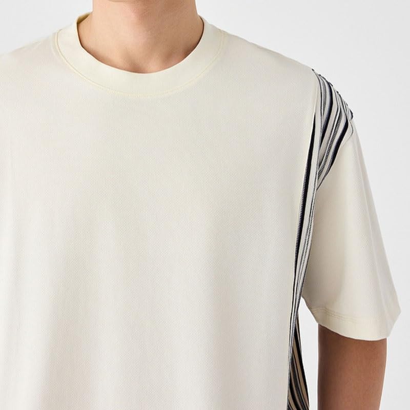 ERTXGBA Fashion Stripes Round Neck Stitching Short Sleeves Men Loose Outdoor T-Shirt Breathable Quick-Drying Sweat-Wicking Vest(Beige,3X-Large) - Image 3