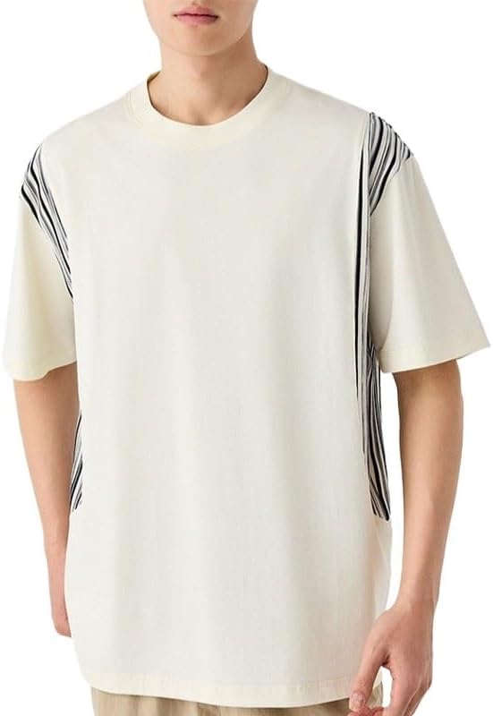 ERTXGBA Fashion Stripes Round Neck Stitching Short Sleeves Men Loose Outdoor T-Shirt Breathable Quick-Drying Sweat-Wicking Vest(Beige,3X-Large)