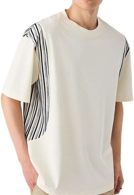 ERTXGBA Fashion Stripes Round Neck Stitching Short Sleeves Men Loose Outdoor T-Shirt Breathable Quick-Drying Sweat-Wicking Vest(Beige,3X-Large) - Image 2