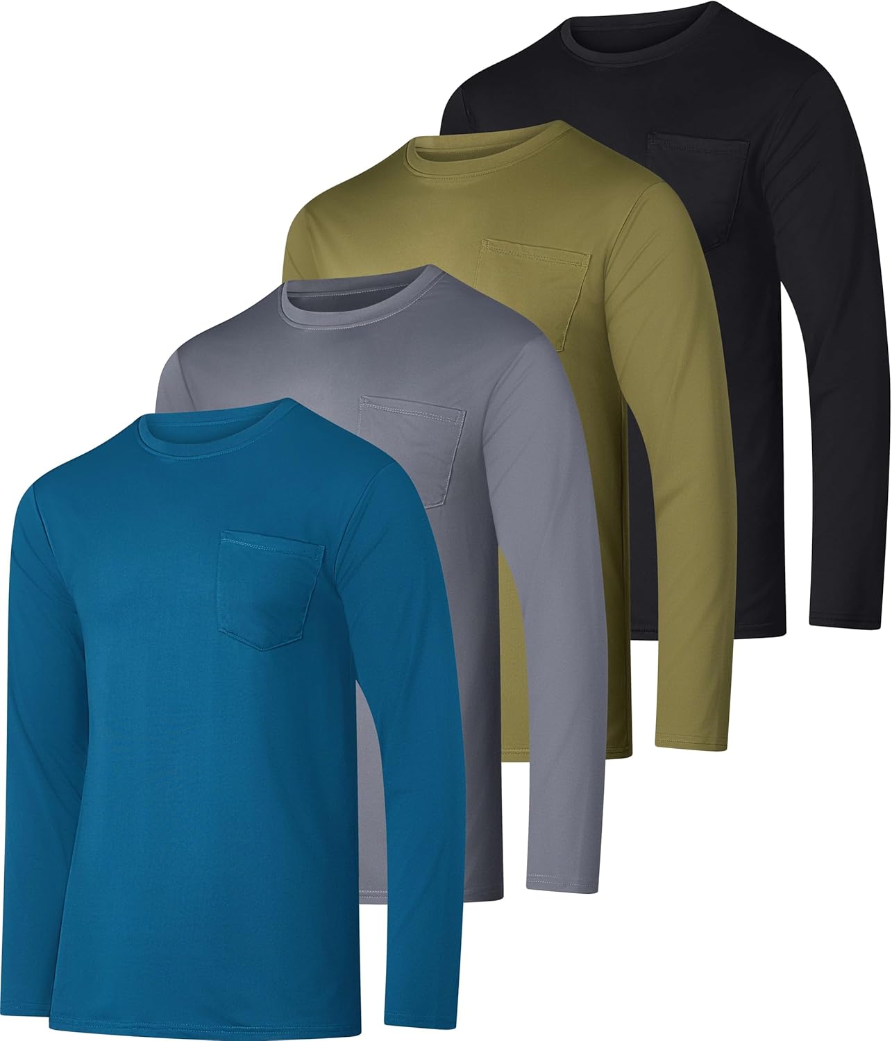 Real Essentials 4 Pack: Men's Dry-Fit Active Athletic Long Sleeve Pocket Crew T-Shirt Outdoors UPF 50 S-5XLT - Image 7