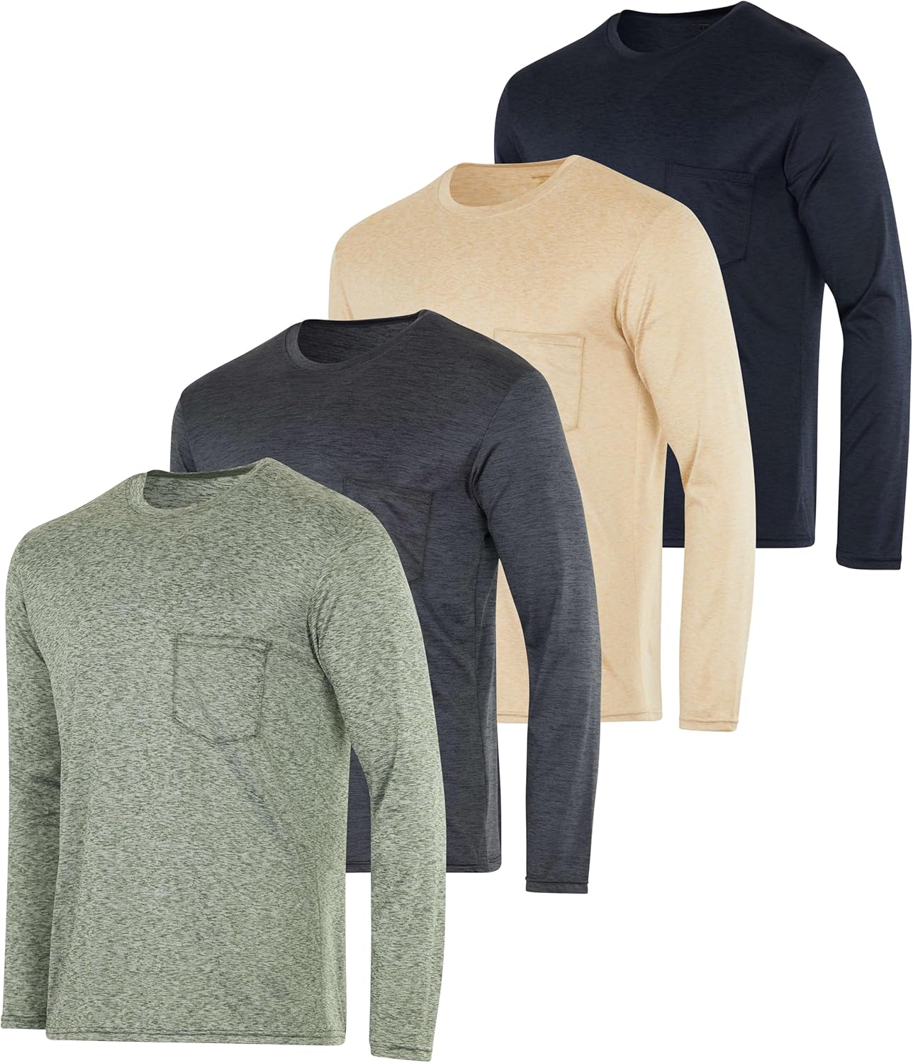 Real Essentials 4 Pack: Men's Dry-Fit Active Athletic Long Sleeve Pocket Crew T-Shirt Outdoors UPF 50 S-5XLT