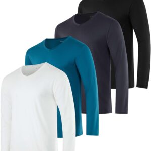 Real Essentials 4 Pack: Men's Dry Fit Long Sleeve V-Neck Active T-Shirt - Athletic Outdoor UPF 50+ - Set 7, 3X
