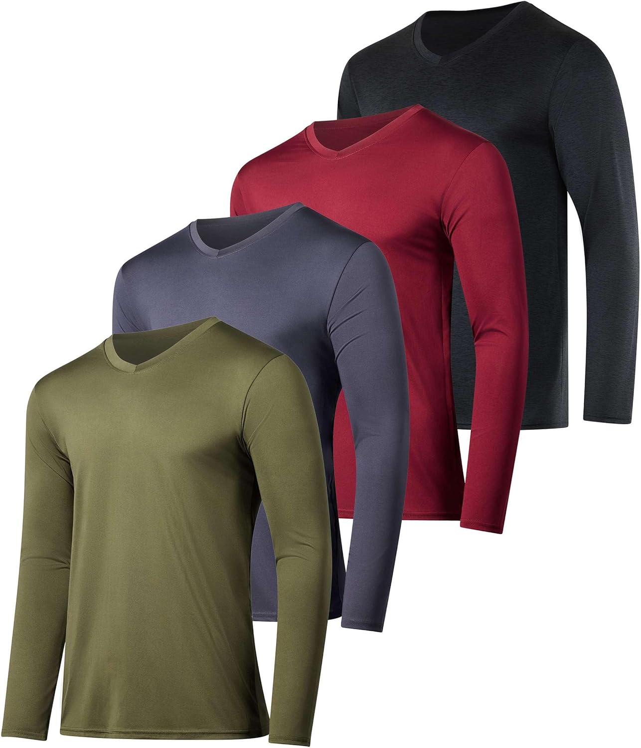 Real Essentials 4 Pack: Men's Dry Fit Long Sleeve V-Neck Active T-Shirt - Athletic Outdoor UPF 50+ (Available in Big & Tall)