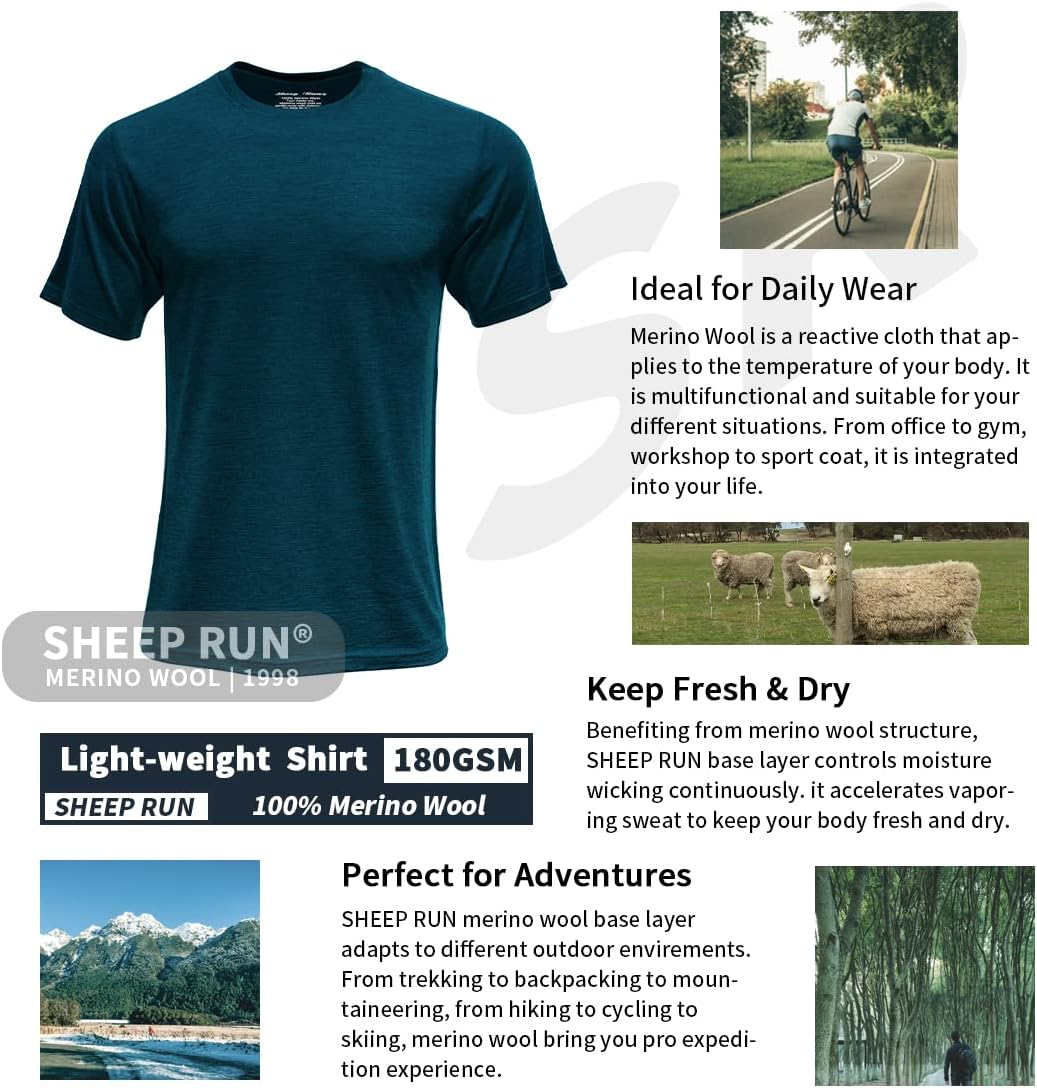 SHEEP RUN Men's Merino Wool Lightweight Hiking Running Workout Breathable Base Layer T Shirt - Image 2